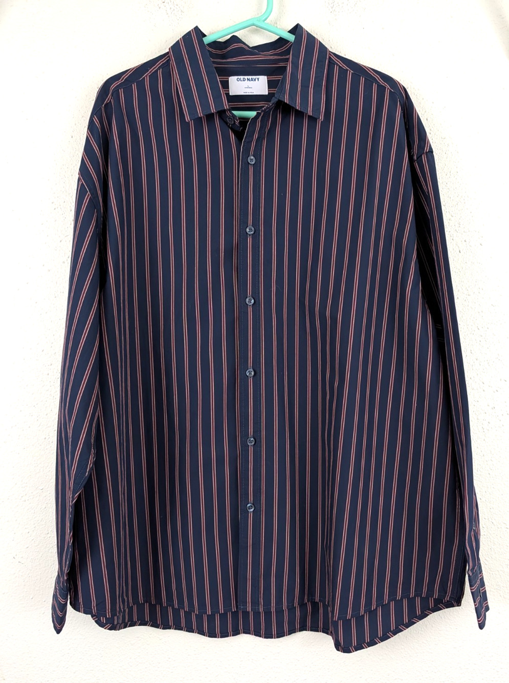 New Old Navy sz L Oversized Shirt button up blue & burgundy stripes ls 1101